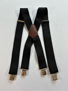 Cabela’s Roughneck Black Suspenders Leather Patch Heavy Duty Metal Clips